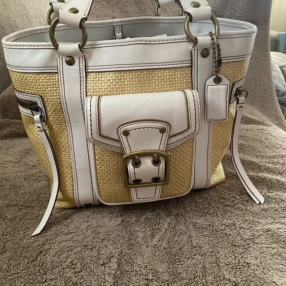 Coach Legacy White Leather Natural Tan Brown Woven Straw Rattan Raffia Handbag - Picture 2 of 16